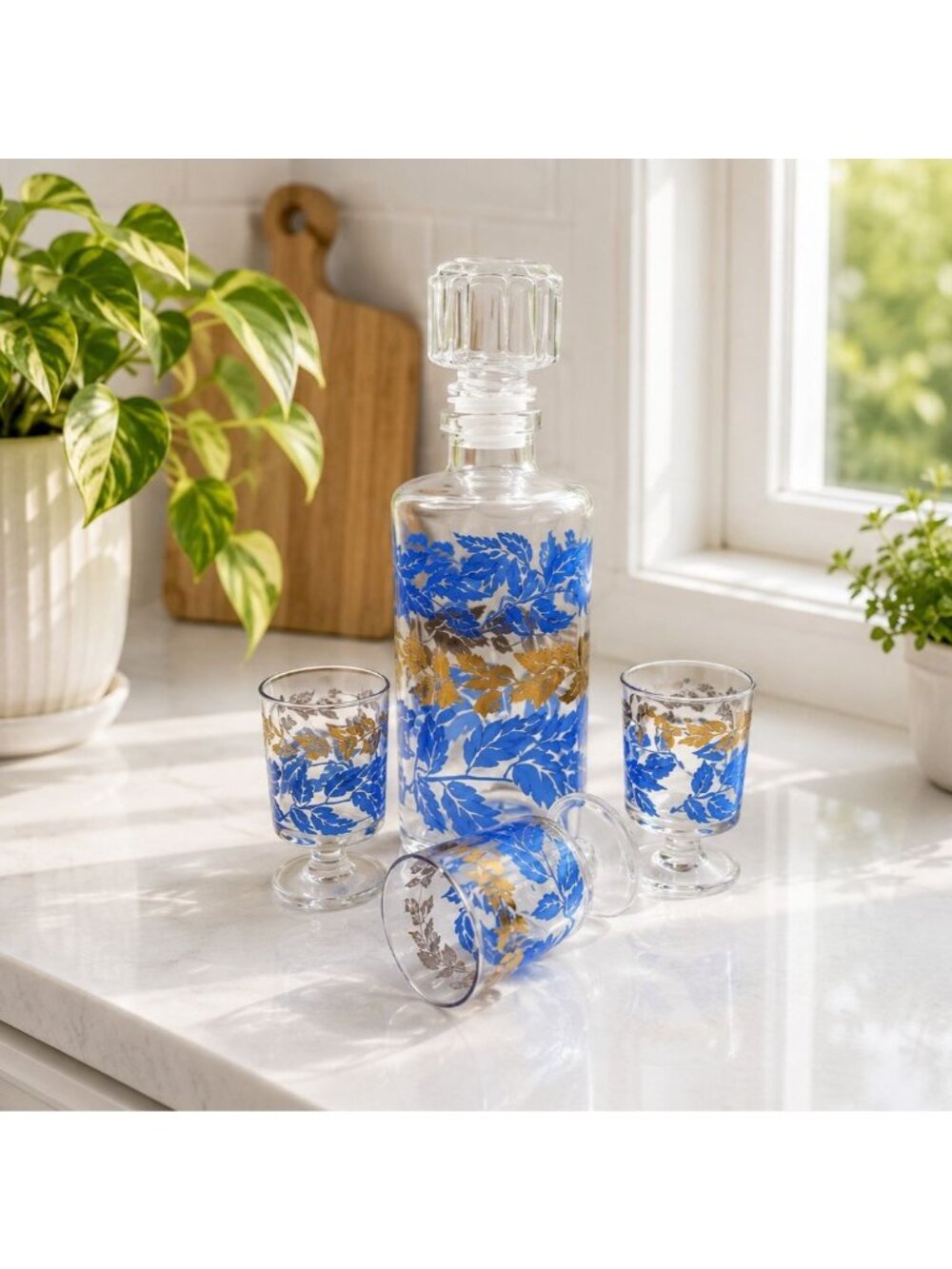 VTG French Decanter Set Blue Gold Leaf 4 Cordial Glasses Fall Barware MCM 1960s